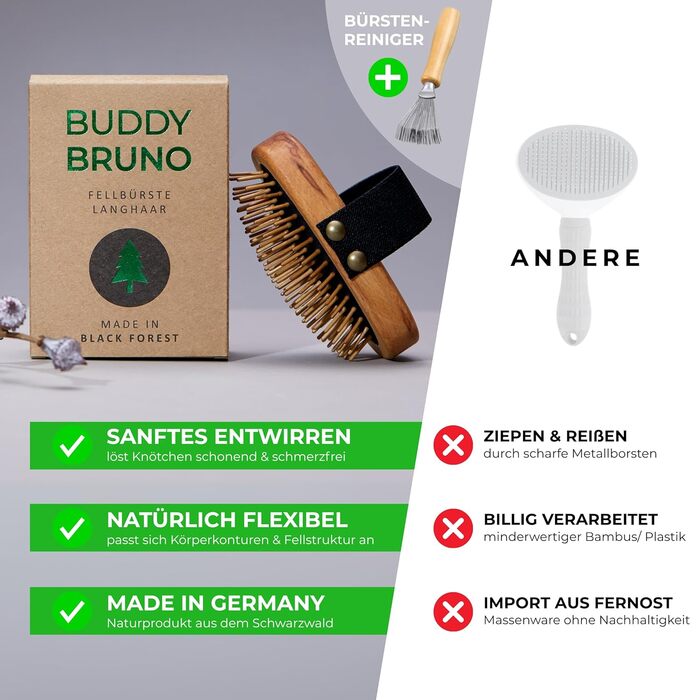 Щітка для собак з довгим волоссям для видалення підшерстка - 100% натуральна щетина, Made in Germany. М'яка щітка для розплутування та вирівнювання шерсті без вискубування - масивний дерев'яний ручка з сертифікацією FSC® + додатковий засіб для чищення щіт