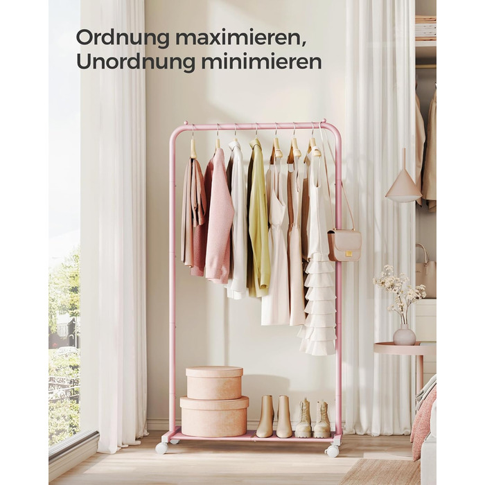 SONGMICS Clothes Rack, Rolling Garment Rack, Metal Wardrobe Stand, Rolling Wardrobe 91 cm wide, with Shelf, 2 Swivel Wheels with Brake, Rod Load Capacity up to 40 kg, HSR025A01 (Pastel Pink, 74x40.5x158cm)