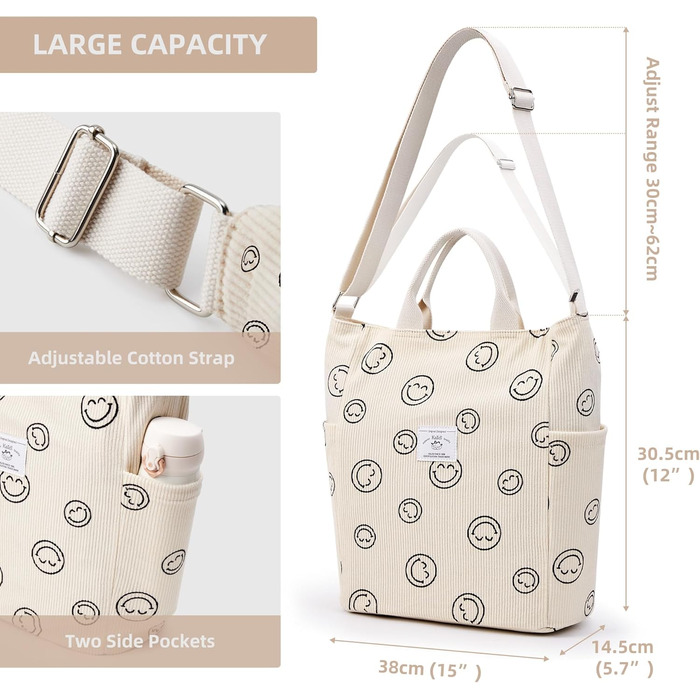 Сумка жіноча KALIDI Cord Shopper: велика сумка на плече для школи, роботи, щоденних покупок (Whitesmile)