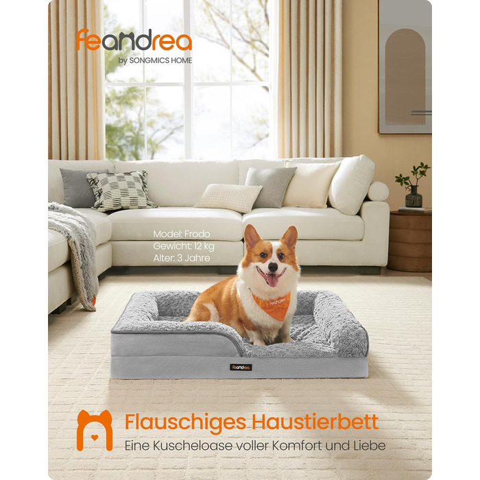 Ортопедичне ліжко для собак Feandrea, середнього розміру, водонепроникне, знімний плюшевий чохол, 91 x 68 x 16 см, Taubengrau PGW252G01 L