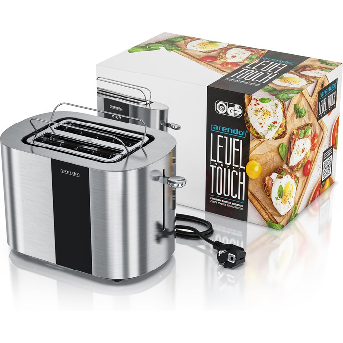 Тостер Arendo з нержавіючої сталі, 2 відділення, сенсорний дисплей, 800 Вт, підставка для булочок, 6 рівнів підсмажування, центрування хліба, таймер, пам'ять (C: Steelsilver)