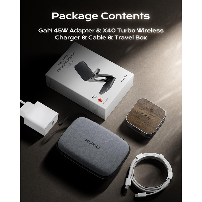 Бездротова зарядна станція KU XIU X40 Turbo Qi2.2 25W 3-в-1 для iPhone 17/16/15/14/13/12, Apple Watch, AirPods. Алюмінієвий адаптер GaN 45W, дерев'яна текстура