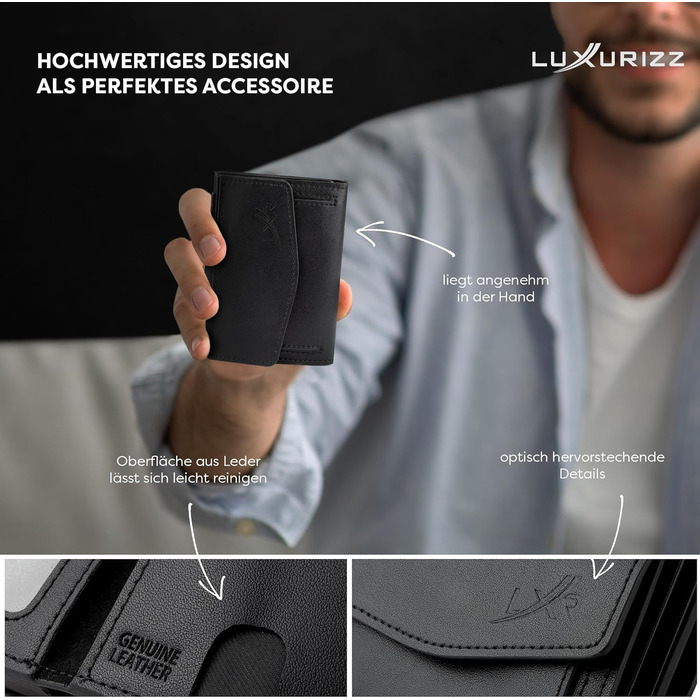 Чоловічий та жіночий шкіряний гаманець Luxurizz Smart Wallet з RFID-захистом - Slim модель з відділом для монет та Slider-системою (10 карт, чорний)