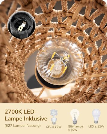 Стійка лампа EDISHINE для вітальні з трьома плафонами, вінтажний стиль, полиця, абажур з ротангу, 3 x E27, з лампочками, бохо-стиль, з вимикачем на ніжці, 178 см, чорний