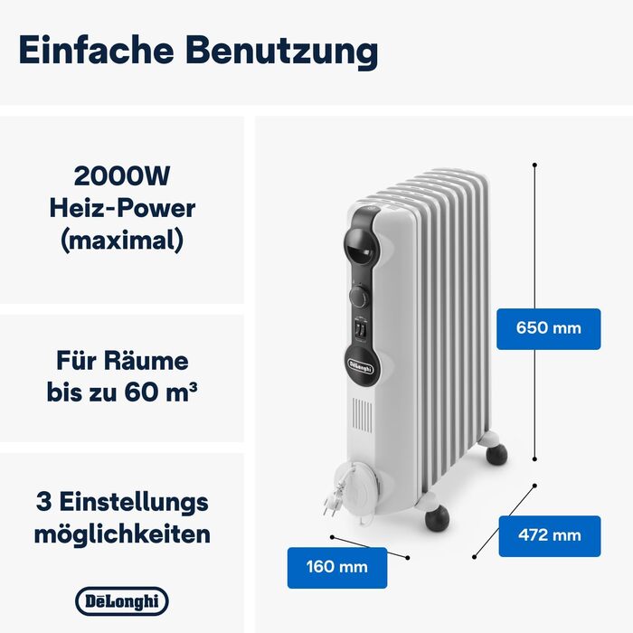 Радіатор De'Longhi Radia-S TRRS0920 – 1500 Вт, регулювання температури, захист від замерзання, 9 елементів