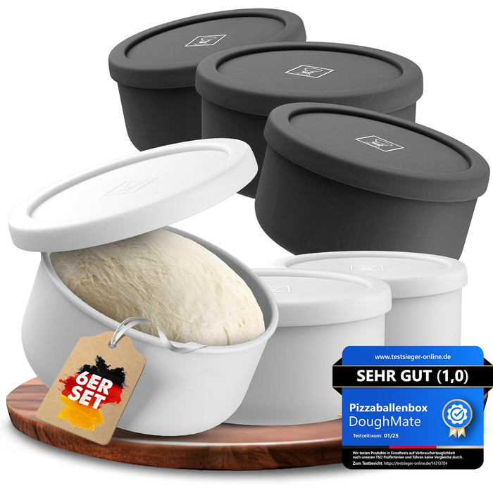 Pizza Ball Box with Lid, Set of 6 - Ideal as a pizza box, dough box, proofing box. Suitable for up to 350g of pizza dough. Non-stick silicone, freezer and dishwasher safe, food grade.