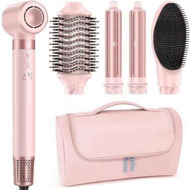 MESCOMB Airstyler 5-в-1: Іонний фен та мультистайлер для волосся з насадками. Швидке сушіння, локони, об'єм, випрямлення. Без пошкодження волосся. З дорожньою сумкою. Рожевий колір