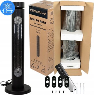 Інфрачервовий обігрівач Climative 2500W з 9 рівнями, IP65 для тераси та приміщення, настінний, з пультом та таймером, чорний (Aura)