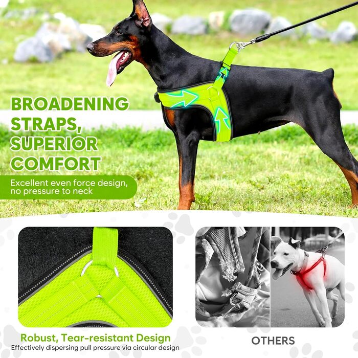 Світловідбиваючий поводок для собак середнього розміру BiPawTi, перезаряджуваний світловідбиваючий жилет для собак з 3 режимами освітлення - світлодіодна шлейка для собак, що світиться в темряві, для кемпінгу з собакою - зелене світло