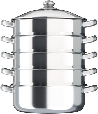 П'ятиповерховий паровар з каструлею для мантив, пароварка Mantowarka, 30 см, нержавіюча сталь, скляна кришка
