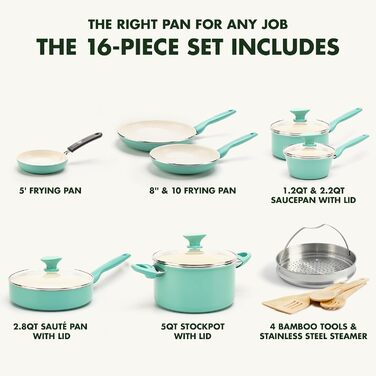 GreenPan Rio Healthy Ceramic Non-Stick 16-Piece Cookware Set with Frying Pans, Sauce Pans, PFAS-Free, Stay-Cool Handle, Oven Safe up to 160°C, Dishwasher Safe, Turquoise & Crème Cookware Set 16-Piece Turquoise & Crème
