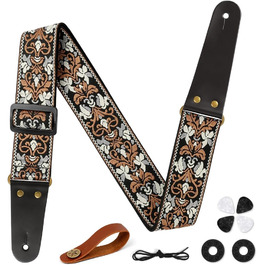 Гітарний ремінь Vintage з вишитою бавовною, регульований, з шкіряними кінцями, для бас-гітари, електро- та акустичної гітари, з пряжкою та 4 медіаторами (#7 жовтого та білого кольору)