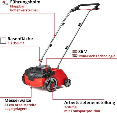 Einhell Battery-Powered Scarifier-Aerator GC-SC 36/31 Li-Solo Power X-Change (Lithium-Ion, 36 V, 31 cm working width, 3-in-1 combo, ball-bearing roller with 8 blades, without battery and charger)