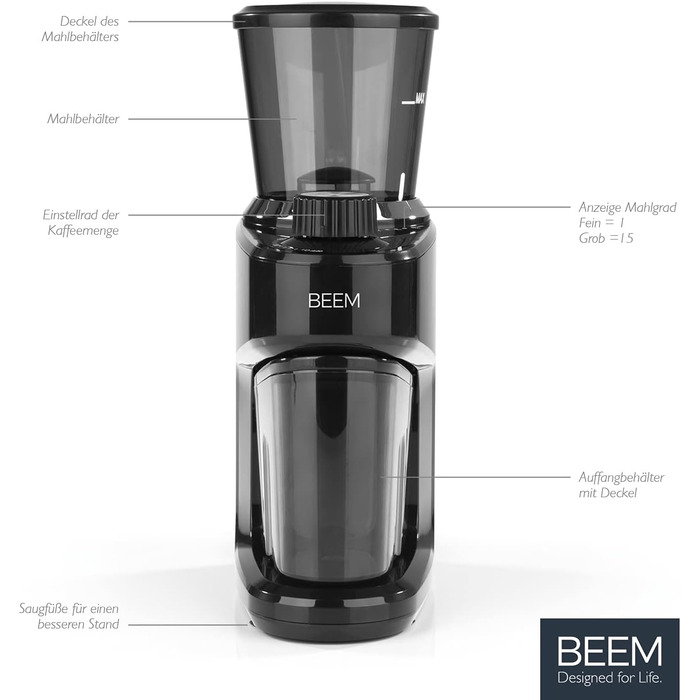 Електрична кавомолка BEEM GRIND-INTENSE 160 г, 15 режимів, конічний сталевий млин, 150 Вт, чорна