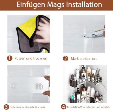 Поличка для душу без свердління, кутова, 2 шт. Органайзер для ванної кімнати з 4 гачками, чорний (A-silver)