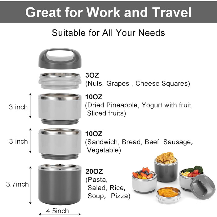 Ланчбокс Lille Home з нержавіючої сталі 1.43л, 3-рівневий, ізольований, без BPA, для жінок та чоловіків, білий