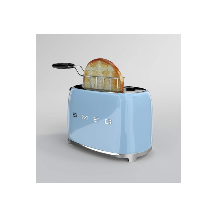 Тостер Smeg TSF02PBEU - 2 слоти для 4 тости, 6 рівнів підсмажування, функція підігріву, розморожування та приготування багелів, знімний піддон, 1500W, пастельно-блакитний