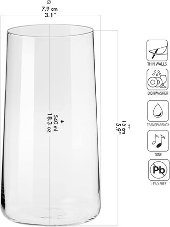 Krosno Water Glasses Highball Glasses Drinking Glasses | Set of 12 | 540 ML | Avant-Garde Collection | Perfect for home, restaurants, and parties | Dishwasher safe