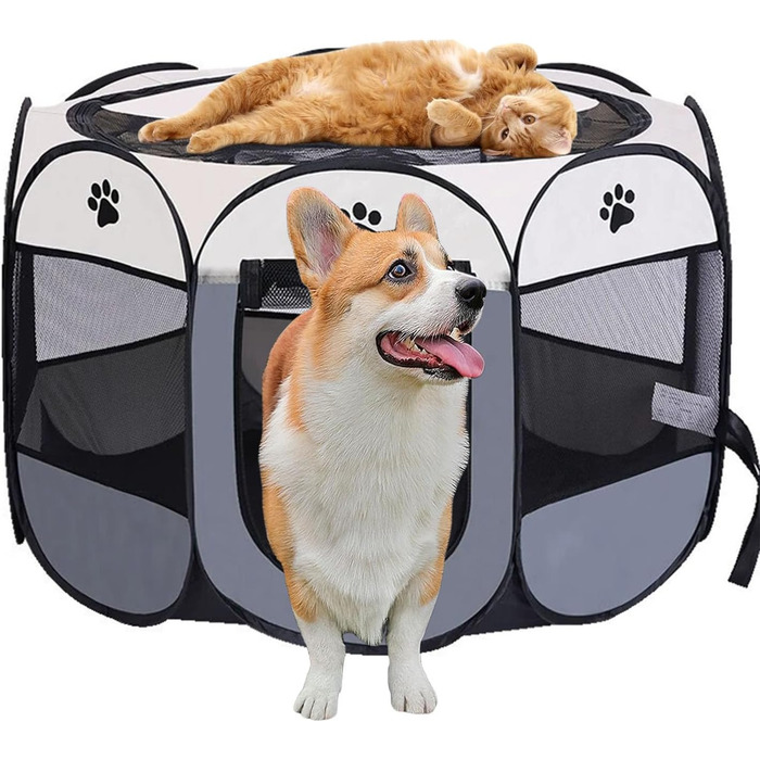 Переносний вольєр для цуценят, вольєр для собак, складаний вольєр для котів, вольєр для цуценят для дому, вольєр для собак, котів, кроликів, 74 x 74 x 43 см (Сірий)