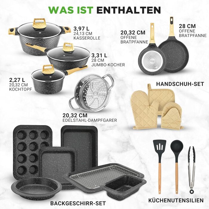 Набір посуду NutriChef 22 предмети антипригарний мармуровий – сковороди, каструлі, кухонне приладдя, форма для випічки, рукавиці, для індукції, посудомийна машина