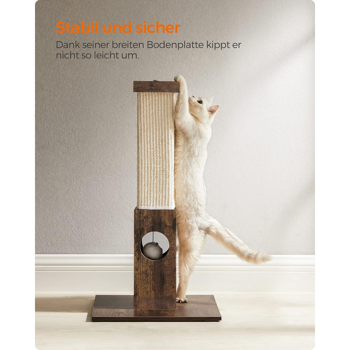 Feandrea Cat Tree, Scratching Post, Cat Scratching Tree, 10 cm Thick Trunk, Scratching Post Made of Natural Sisal Rope, 73 cm High, with Plush Play Ball, Furniture Scratch Protector, PCA021G01 (Vintage Brown)