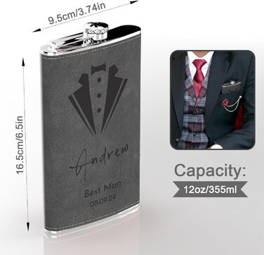 Фляга з гравіюванням гір, сталевий флакон 237мл/8oz, персоналізований подарунок для чоловіків, кемпінгу, туризму (сірий)