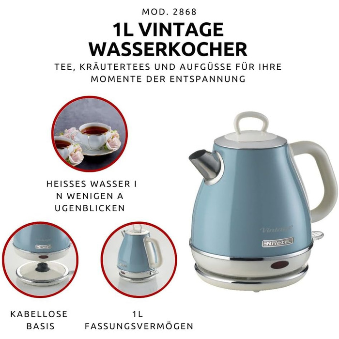 Електричний чайник Ariete Vintage 2868 Beige (Blau), 1 літр, нержавіюча сталь, 1600W, з бездротовим 360° підставою, автоматичне відключення