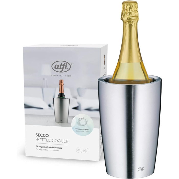 alfi SECCO, stainless steel bottle cooler for 0.70 to 1L bottles, wine, sparkling wine. Keeps drinks cool without condensation or ice cubes, ensuring chilled drinks to the last drop. Dishwasher-safe, BPA-free.