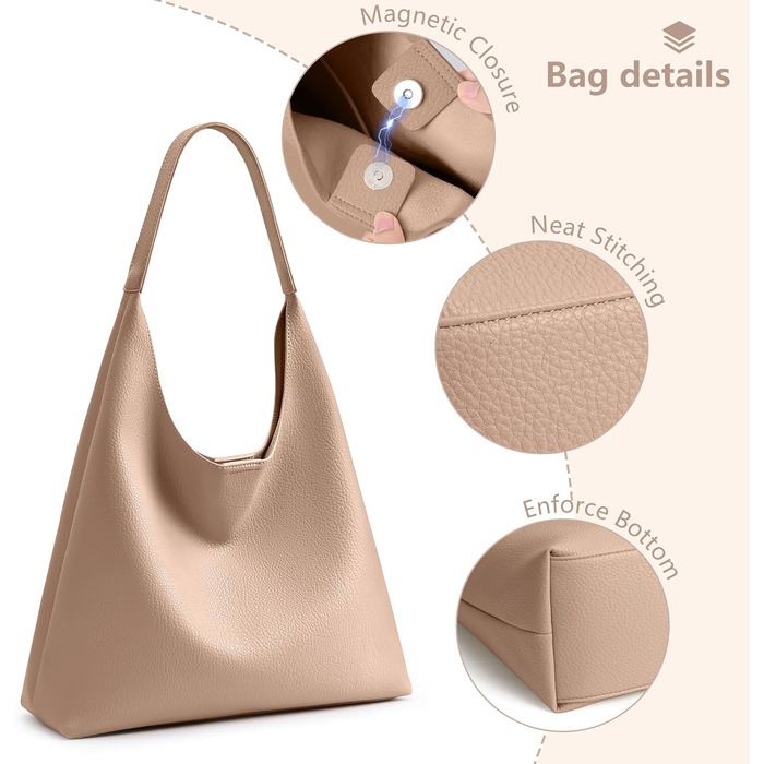 Сумка жіноча KALIDI Shopper Hobo з PU шкіри, бежева, для роботи, навчання, повсякдення, з кнопкою