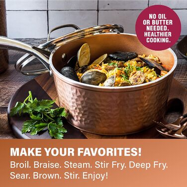 Набір кухонного та десертного посуду Gotham Steel Hammered Copper Collection (15 предметів) з антипригарним покриттям, алюмінієвий. Включає сковорідки (набір з 5 сковорідок)