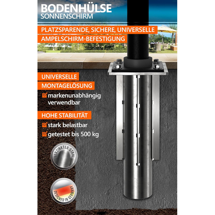 4smile Ground Sleeve Parasol - Ground Anchor Gazebo Parasol with Base Plate for Embedding, Timeless Quality - Universal Parasol Stand Gazebo Parasol, Load Capacity up to 500 kg