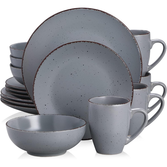 Tableware Stoneware, vancasso MODA Dinnerware Set, Vintage Look, 16-Piece Combination Service with 4 Dinner Plates, Dessert Plates, Bowls, and Cups Each Gray 16-Piece for 4 Gray