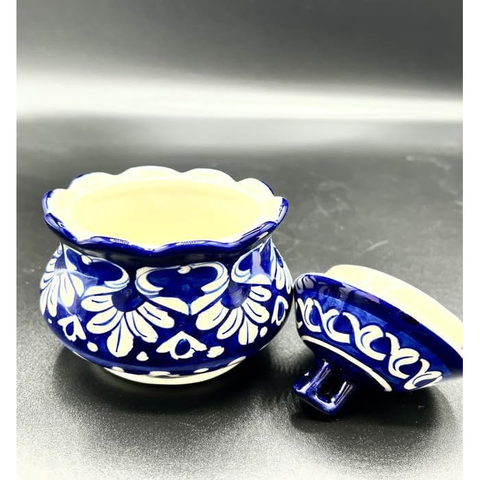 Blue Pottery Sugar Bowl – Hand-formed and painted, ceramic, handcrafted, floral pattern, 6 cm