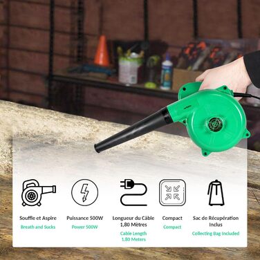 Fishtec - Mini Leaf Blower Electric - Reversible to Vacuum with Collection Bag - Cable Length 180 cm - 500 W - 40 cm - Green - Compact, Practical and Lightweight - Garden
