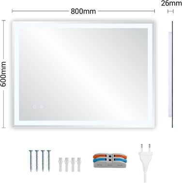 Дзеркало для ванної кімнати Clevich з підсвічуванням 70x50 см, LED дзеркало з 3 кольорами світла, регульована яскравість, захисне скло, сенсорне управління, функція пам'яті, запобігання запотіванню, 80x60 см