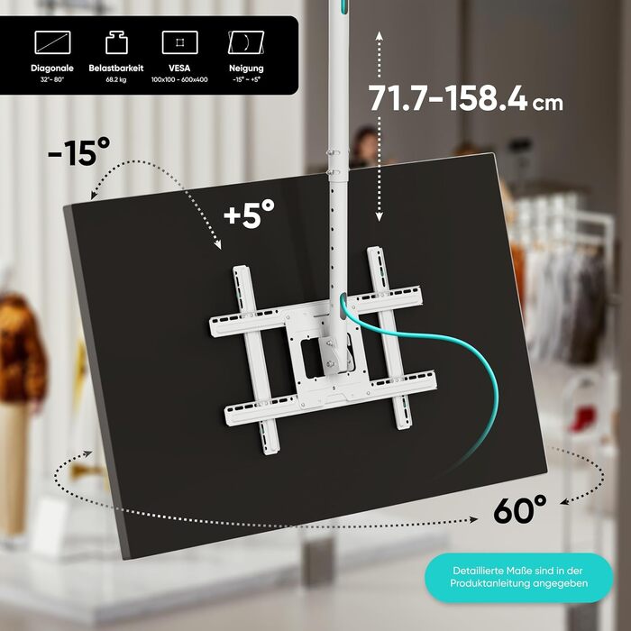 ONKRON Ceiling TV Mount for 32-80 inch TVs - Swivel & Tilt, VESA 100x100-600x400, Adjustable Height, White