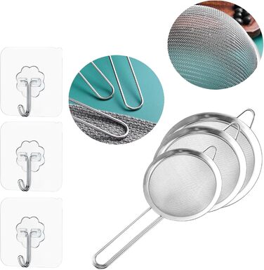 Набір сит з нержавіючої сталі Hinapan (3 шт.), дрібний профіль, стабільні ручки, 3 гачки, придатні для миття в посудомийній машині, ідеально підходять для борошна, рису, кіноа, чаю та макаронів