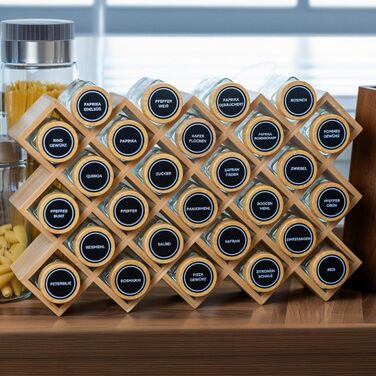 Стильна бамбукова полиця для спецій Adabor - органайзер з 27 скляними баночками, кришками та 144 етикетками