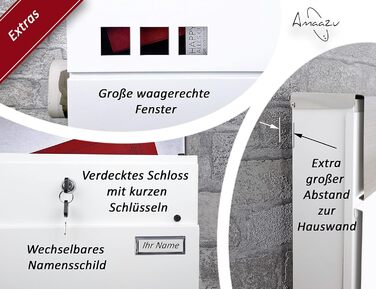 Поштовий ящик з нержавіючої сталі з оглядовим вікном та табличкою для імені, з відділенням для газет, замком (2 ключі), настінний, RAL 7016 (сірий), великий (XXL), білий