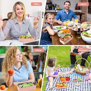 HOLIPOT Ланчбокс Bento Box з роздільниками, 2 рівні, з нержавіючої сталі та PP, з виделкою-ложкою, сумка, для дітей та дорослих (Рожевий)