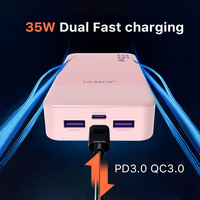Power Bank JUOVI J2651, 20000mAh, 35W, USB-C, QC3.0+PD3.0, Рожевий