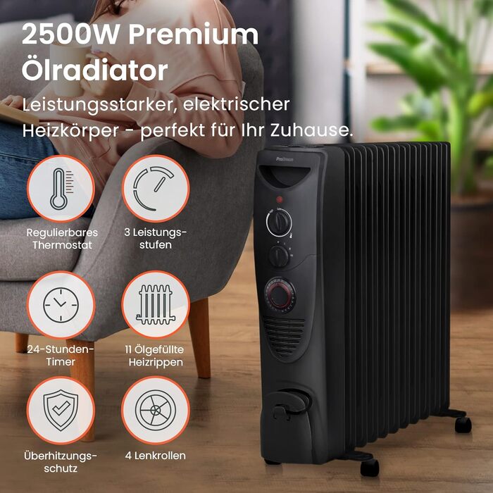 Електричний масляний радіатор Pro Breeze 2500W з таймером, 3 режими, термостат, захист від перегріву, білий/чорний