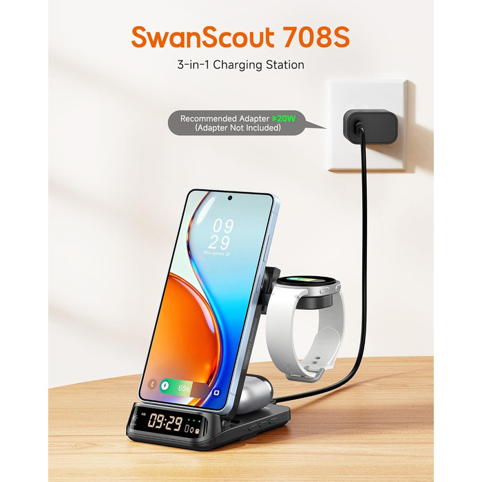 Бездротова зарядка SwanScout 708S для Samsung Galaxy S26 Ultra/+/S26/S25/S24/S23/S22/S21, Galaxy Watch Ultra/8/7/6/5/4, Galaxy Buds4 Pro (Без адаптера) Чорна