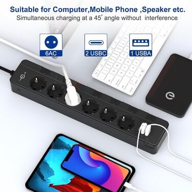 Мережевий фільтр KEPLUG з USB, 4000W, 16A, 6 розеток, 2м кабель, захист від перенапруги, дитячий захист, чорний