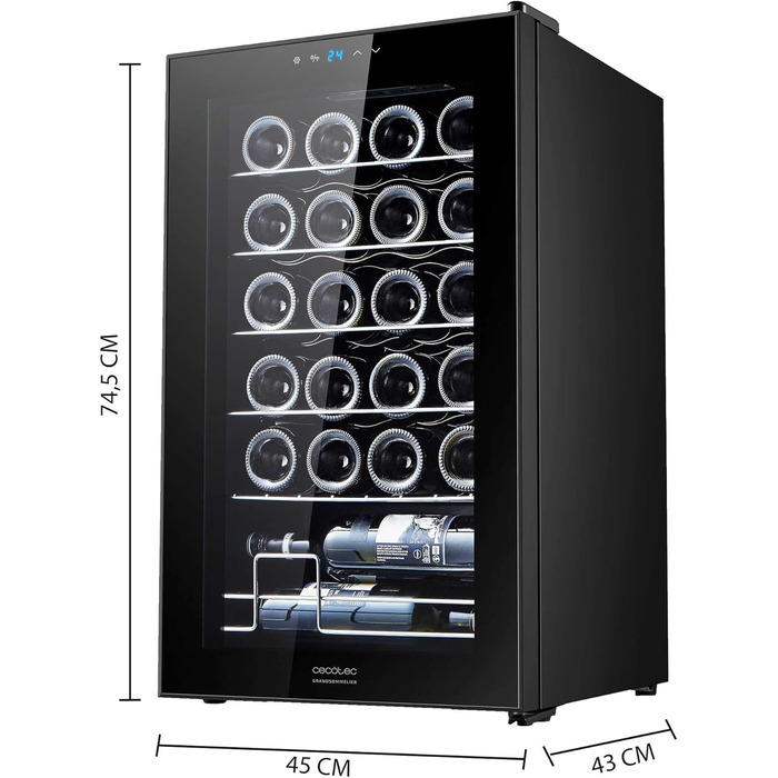 Холодильник для напоїв Cecotec Bolero GrandSommelier 2050 Black - 24 пляшки, компресорний, чорний. Регулювання температури 5-18°C, тиха робота.