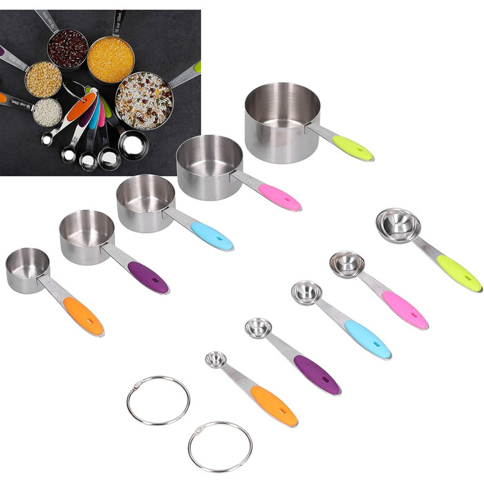 10-Piece Measuring Cup and Spoon Set, Stainless Steel Measuring Spoon Set with Silicone Handle and Scale, Measuring Cup Spoon Set in Various Sizes, for Home (16.5oz-Color)