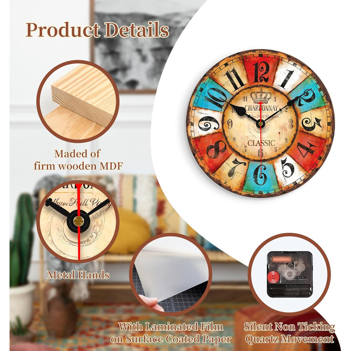 VIKMARI Quartz Wall Clock Wood Silent Hanging Clock, Battery-Powered Round Rustic Clock, Easy to Read Vintage Interior Wall Clock ||14' (Colorful Arabic Numerals, 20 cm)