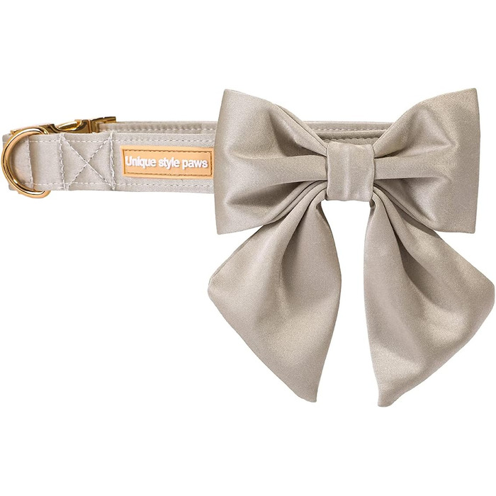 Шовковий ошийник для собак Unique Style Paws, регульований, довговічний, з бантиком, солом'яний, для великих собак, розмір L, колір шампань