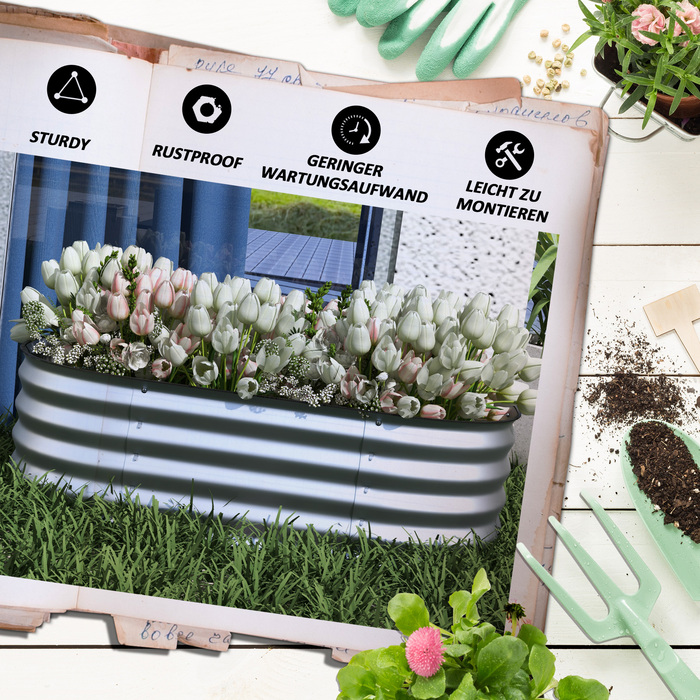 Outsunny Metal Raised Garden Bed 105x62x30cm Planting Box Vegetable Bed DIY Flower Box Open Bottom Herb Bed for Garden Balcony Silver