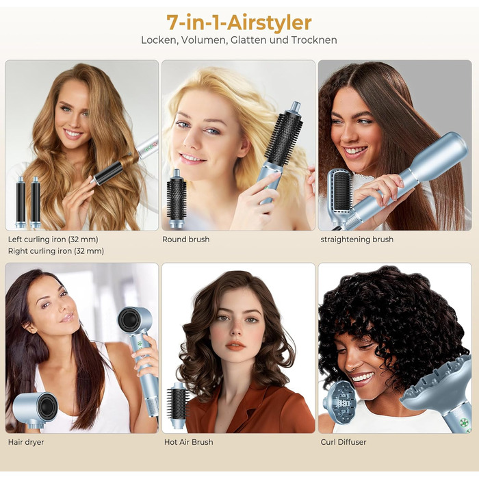 Набір для укладки волосся 7 в 1 OKWRAP Airstyler: фен, плойка, щітка для випрямлення, іонізація, 110000 об/хв, сірий/срібний